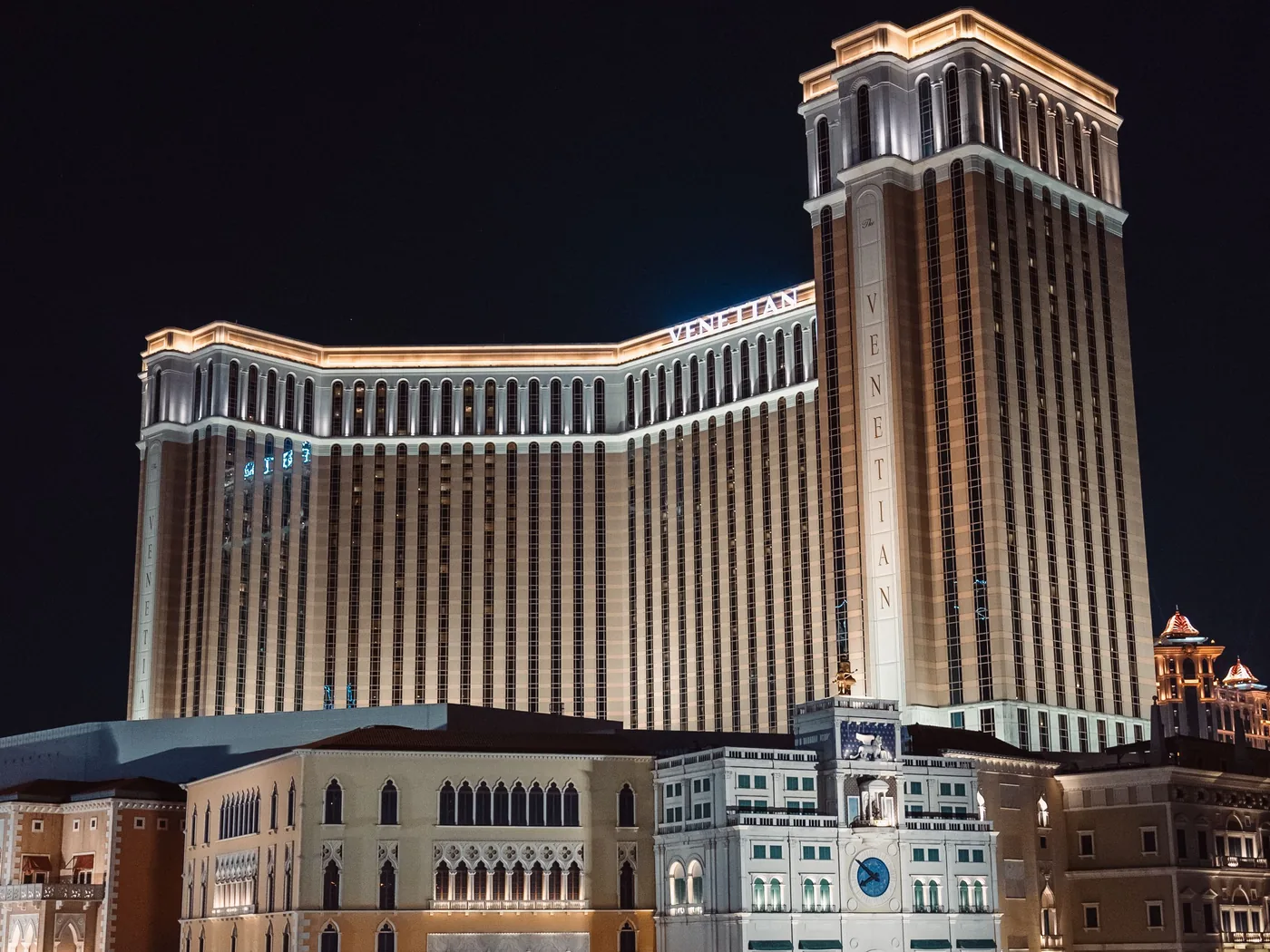 The Venetian Macao casino resort lit up at night on the Cotai Strip
